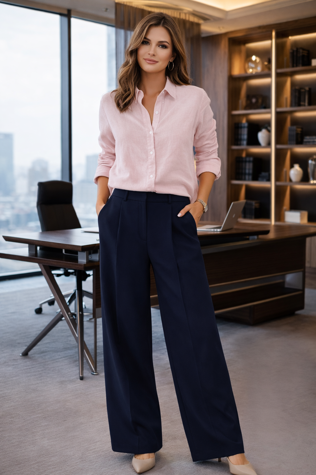 Long sleeve pink linen shirt with blue linen pants for women